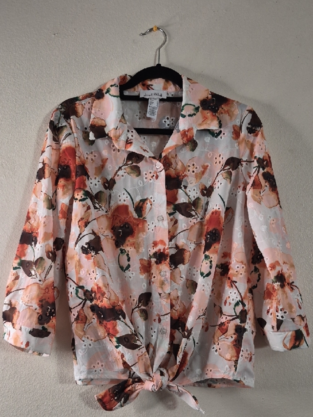 Joseph Ribkoff Peach Multi Floral Eyelet Button Front Shirt - Picture 5 of 8